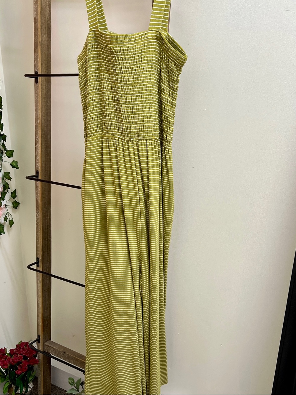 Zenana Outfitters Olive Green Striped Smocked Jumpsuit